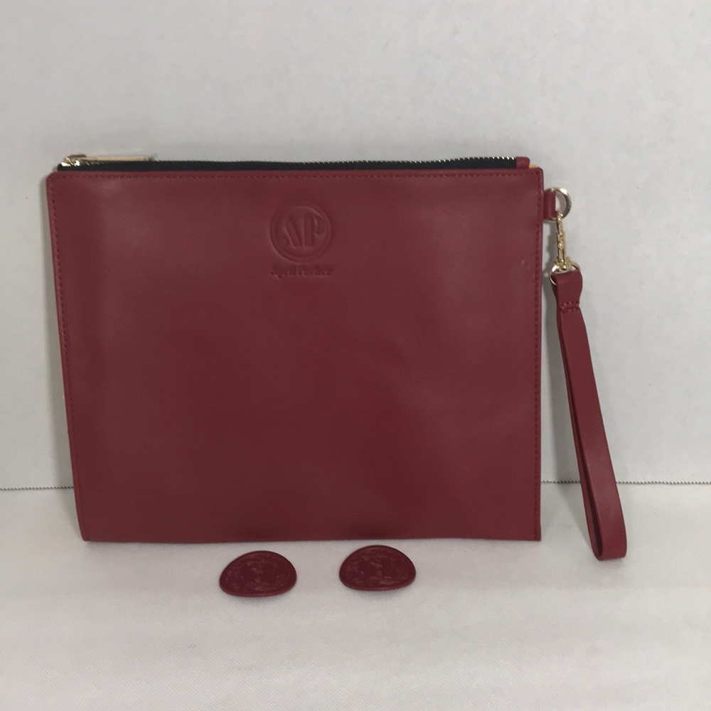 April Parker Brand Red Dahlia Leather Wristlet & Emblem
